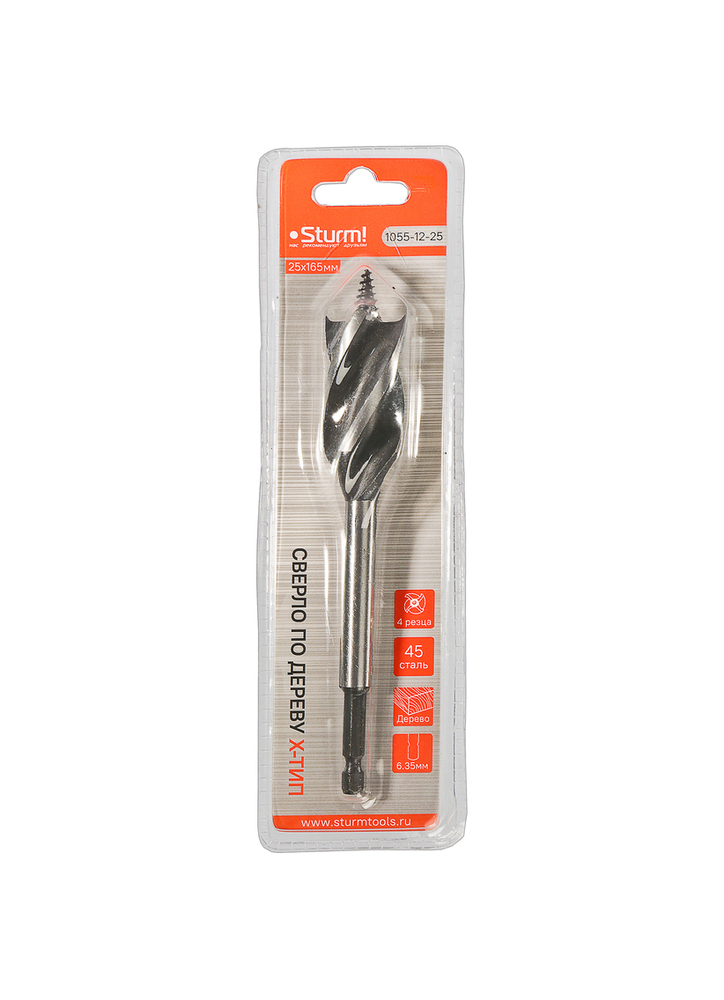 Cверло по дереву X тип, 4 резца, D=25мм, L=165мм, 6гр. Хв., блистер, Sturm!